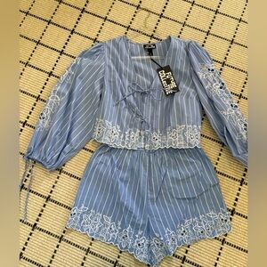 Future Collective Women's Blue Striped Embroidered Tie-Front Blouse and Shorts